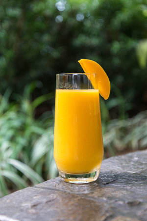 Mango smoothie on the rock in the garden, stock photoの写真素材