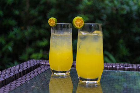 Two glasses of orange juice with lime on the table in the garden