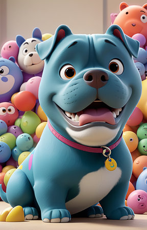 3d render of a cute cartoon bulldog with colorful balloons backgroundの素材