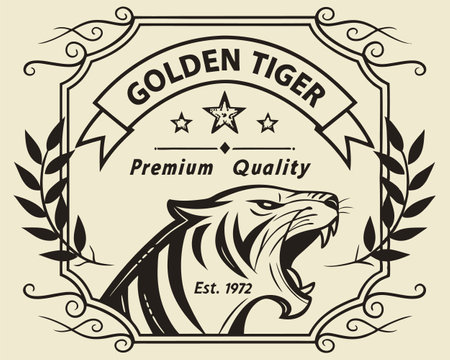 Vintage label with a seal and a tiger in a linear styleのイラスト素材