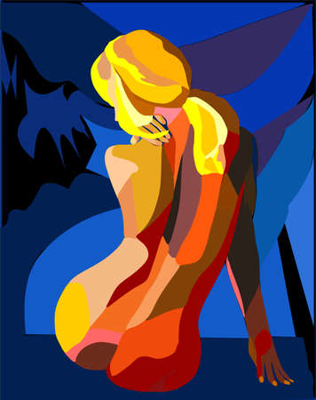 Abstract colorful background with sad woman sitting on the groundのイラスト素材