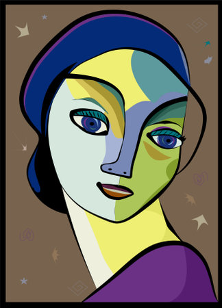 Colorful abstract background, cubism art style, girl with blue beret portraitのイラスト素材