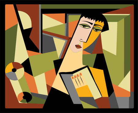 Colorful background, cubism art style, abstract portrait, girl who readsのイラスト素材