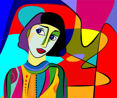 portrait cubism art style, brunette woman with colorful blouseのイラスト素材