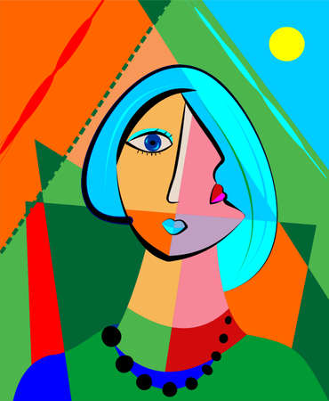 Colorful abstract background, cubism art style, portrait of girl with blue hairのイラスト素材