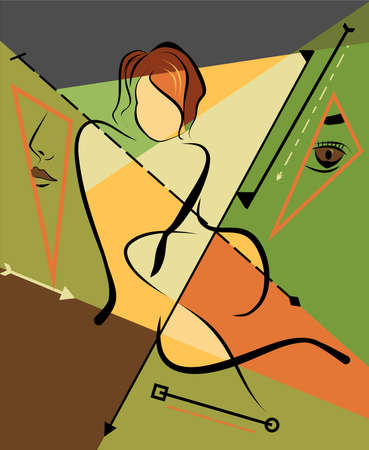 Abstract green background, fancy geometric and curved colorful shapes, expressionism art styleのイラスト素材