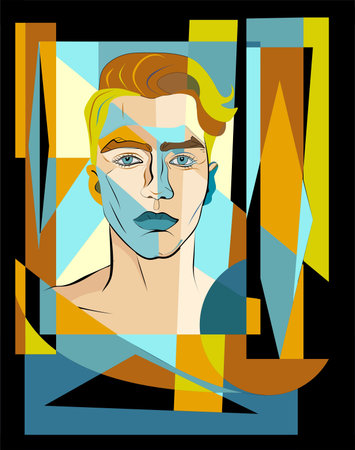 Colorful background, cubism art style, Portrait of blond boy