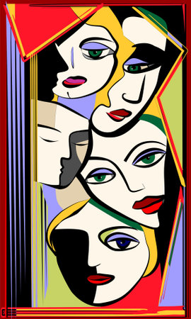 Colorful abstract background, cubism art style, crowd of peopleのイラスト素材