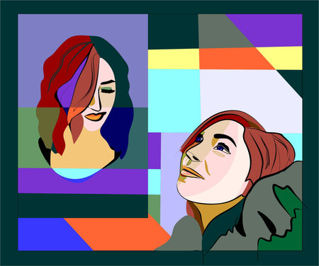 Colorful background, cubism art style, abstracts faces, two friends