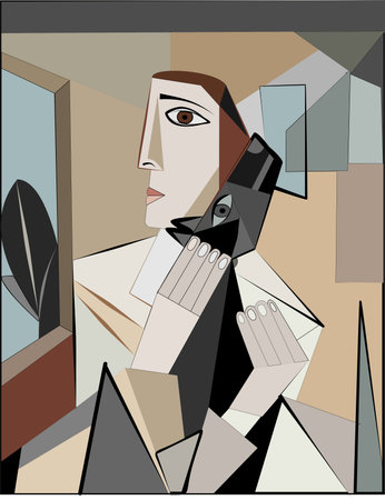 Colorful background, cubism art style, abstract portrait, woman with dogのイラスト素材