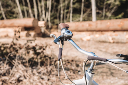 Detail view of bicycle on road with backgroundの写真素材
