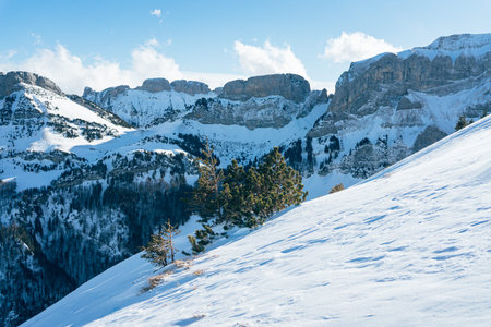 Beautiful sunny snowy mountain landscape on Ebenalp in Appenzell