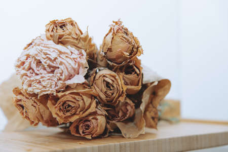 Dried beautiful old wedding bouquet reminds of beautiful old timesの写真素材