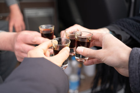 Four friends toast to health and drink liquor