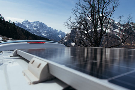 Solar panels on a roof of a camping van - self-sufficient campingの写真素材