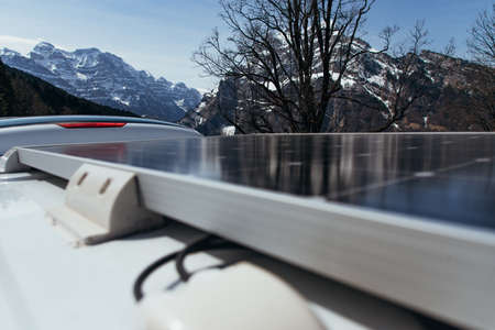 Solar panels on a roof of a camping van - self-sufficient campingの写真素材