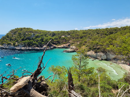 View of turquoise sea in beautiful bay Cala Mitjaneta in Menorcaの写真素材