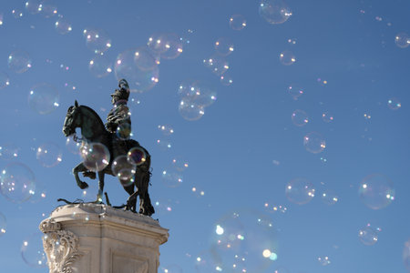 soap bubbles in the air with historical structures in the backgroundの写真素材