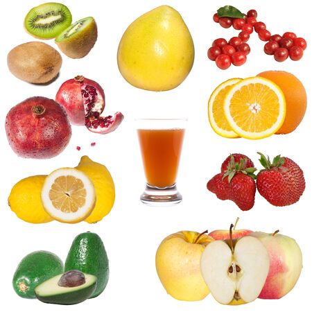 Collage of fresh fruit and a glass of juiceの写真素材