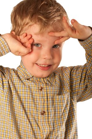 a little boy laughing, isolated on white backgroundの写真素材