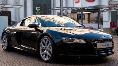 BRESCIA,ITALY - MAY,17  a AUDI R8 on the exhibition of new sports cars at the punching of Mille Miglia,the famous race for historic cars,May 17,2012 in Brescia,Italyのeditorial素材