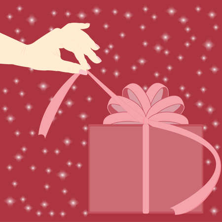 female hand opening the gift on red backgroundのイラスト素材