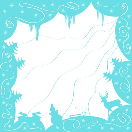 blue winter background with hare, fir-tree, sled and deerのイラスト素材