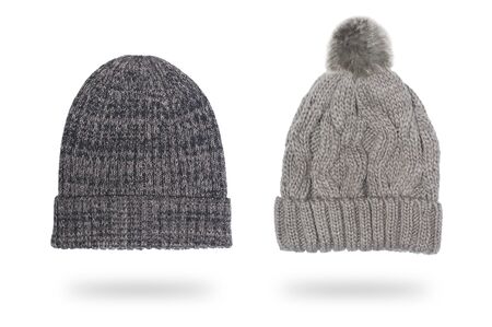 male and female woolen hats isolated on whiteの写真素材