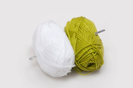 two skeins of yarn and crochet hookの写真素材