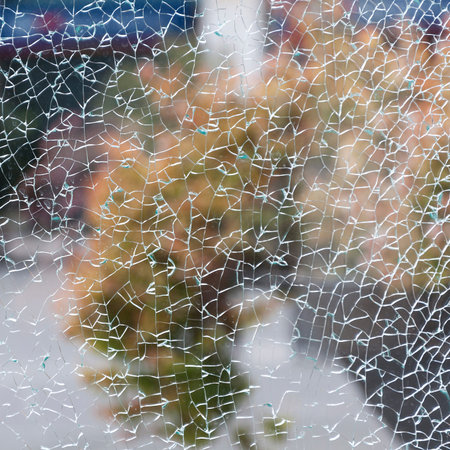 texture of broken glass on the background of autumn city