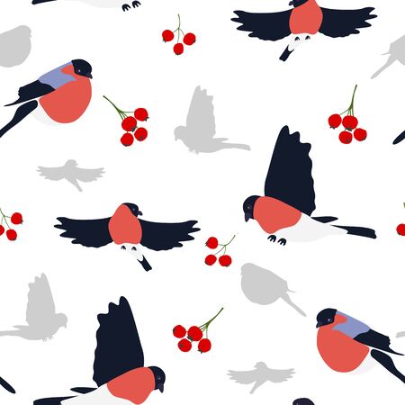 Bullfinches and berries pattern.のイラスト素材