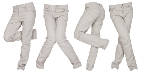 set of light pants in different poses isolated on whiteの写真素材