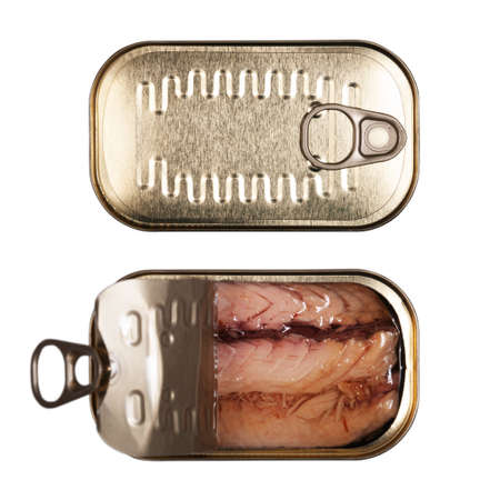 sardines in oil, canned fish isolated on white backgroundの写真素材