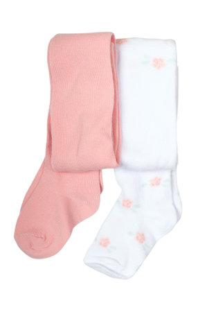 pair of baby warm tights pink and white color isolated on whiteの写真素材