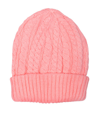 female knitted hat of pink color isolated on whiteの写真素材