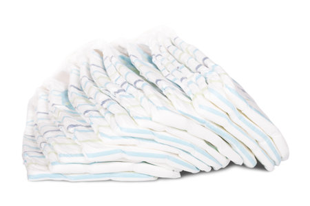 stack of baby diapers isolated on white backgroundの写真素材