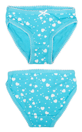blue panties with hearts for a baby girl isolated on white background, front and back