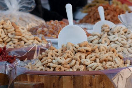 market in Italy, containers with taralli snacksの写真素材