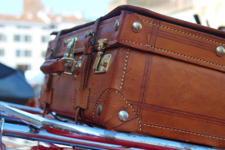 brown leather suitcase on the car, vintage trunkの写真素材