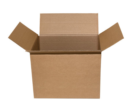 Opened cardboard box Isolated on white background.