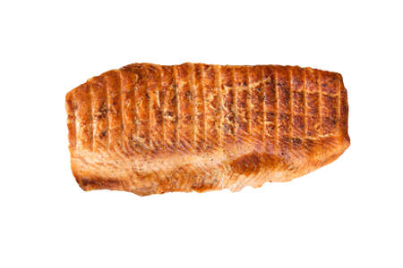 Grilled salmon filet close up isolated on white background.の写真素材