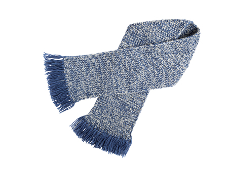  Scarf knitted handwork with fringe on white background. Colorful woolen scarf.の写真素材