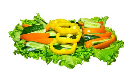 Fresh vegetables and green salad isolated on white backgroundの写真素材