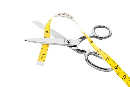 Scissors for sewing and measuring Tape isolated on white background. Professional Scissors for the seamstress.の写真素材