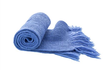 Blue knitted scarf isolated on white background. Winter scarf with fringe.の写真素材