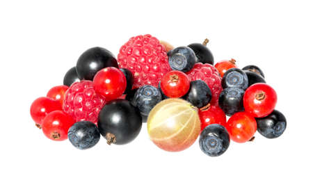 Fresh berries isolated on white background. Mixed, assorted berries including currant, blueberry, raspberries and gooseberries.の写真素材