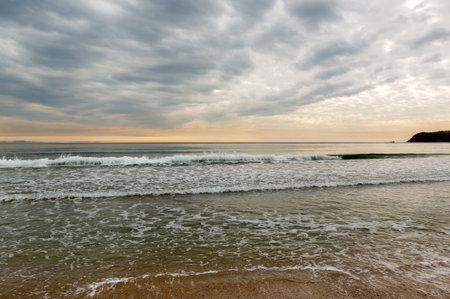 Storm sea and beach in Tikhaya Bay. Vladivostok. Russia. Seascape.の写真素材