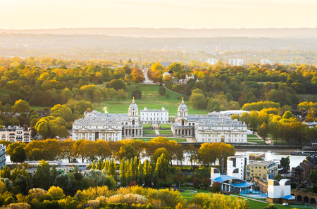 Ariel view of the Royal Park in London and is part of the Greenwich World Heritage Site with the Old Royal Naval College, the National Maritime Museum and Queen's House.のeditorial素材