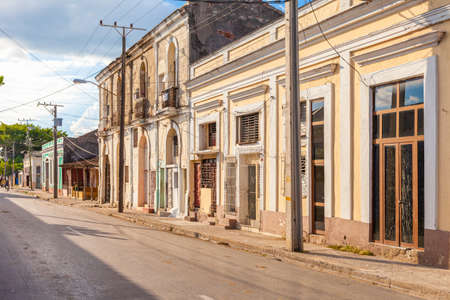 Cienfuegos, Cuba-October 13, 2016. Typical town street with colonial-era buildings on October 13, 2016 in historical Cienfuegos, south coast town of Cuba.のeditorial素材