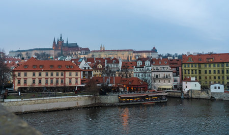 Prague, Czech Republic-January 31, 2019. View of historical buildings and Prague Castle on the hill...